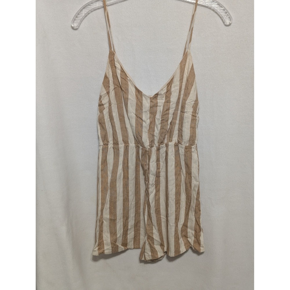 I Joah Premium Tan White Striped Romper  V-Neck Summer Sunsuit ( NO BELT)